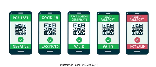 Mobiltelefone mit QR-Code App auf den Bildschirmen. Health Passport, PCR Test, Covid-19 Immunzertifikat oder Digital Impfstoff Green Pass. Sicheres Reisekonzept, flache Vektorgrafik einzeln auf Weiß.