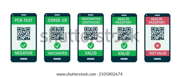 Mobile phones with QR-code App on the screens.\
Health Passport, PCR test, Covid-19 immune certificate or Digital\
vaccine green pass. Safe travelling concept flat vector\
illustration isolated on\
white.
