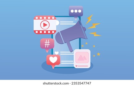 Mobile phones Ready to post on social media and megaphone online promotion and marketing.on blue background.Vector Design Illustration.