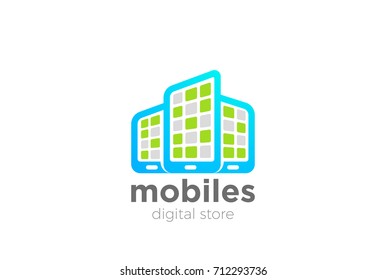 Mobile phones as Skyscrapers Logo design vector template.
Smartphones business develop apps Logotype concept icon.