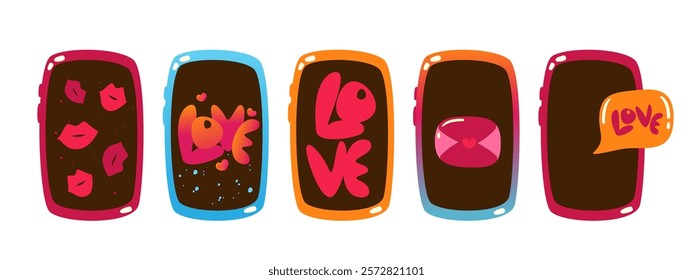 Mobile phones with speech bubbles, the word love, hearts, and kisses.Love message, happy Valentine's Day, wedding, declaration of love.Vector illustration.