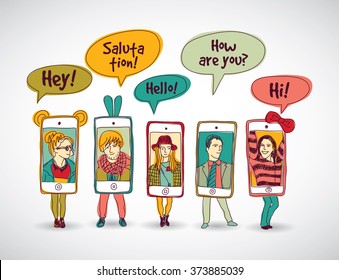 Mobile phones standing group happy communication color people and shadow. Color vector illustration. EPS10