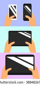 Mobile phones and tablet computers in hands. Choosing a purchase.  Flat vector smartphone and digital tablet  icons set.