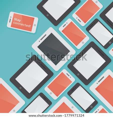 Mobile phones, tablet computers. Stay connected Concepts: Social media networking services (Facebook, Twitter, Instagram, Youtube) digital online lifestyle, Internet community, blogging, communication