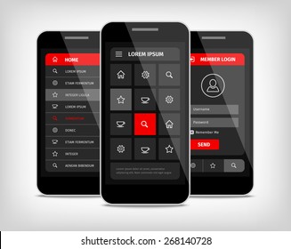Teléfonos móviles con plantilla de diseño de interfaz de usuario. Ilustración vectorial 3d realista. Botones rojos.
