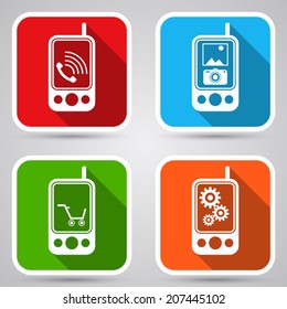 Mobile phones vector icons. White flat miniatures with long shadows.