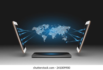 Mobile Phones Vector Illustration With  World Map.