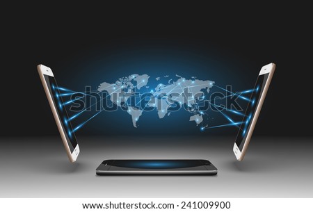 Mobile Phones Vector Illustration with  World Map.