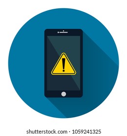 mobile phone.Smartphone with notification exclamation mark icon on screen with long shadow black,Simple design style.vector illustration