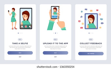 Mobile photo application screen flat illustration. Social media account growth, website onboarding screen with buttons and text space. Woman taking selfie and collecting feedback cartoon character