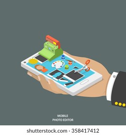 Mobile photo editor flat isometric vector concept. Hand with smartphone and equipment for photo creating and editing onto it. 