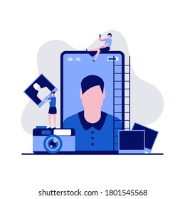 Mobile Fotoproduktion, Bearbeitungskonzept mit Zeichen. Menschen, die mit Smartphone fotografieren. Moderne Vektorgrafik im flachen Stil für Landing-Page, mobile App, Web-Banner, Heldenbilder