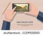 Mobile photography concept. Man looking photos of nature landscape to phone. Isolated on wooden background.  Vector Illustration