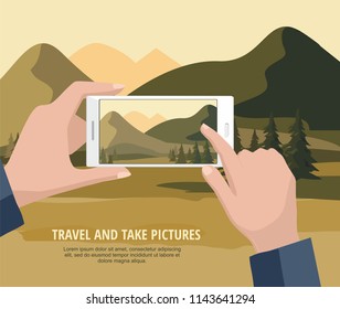 Mobile photography concept. Man looking photos of mountain landscape  with fir trees to phone. Vector Illustration