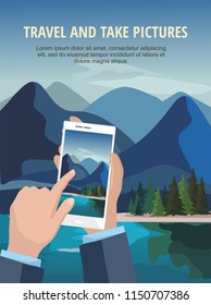 Mobile photography concept. Man looking photos of nature landscape with fir trees and river to phone. Vector Illustration