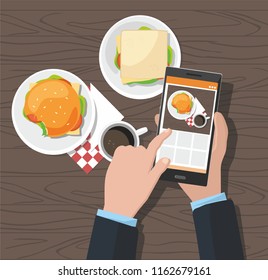 Mobile photography concept. Man taking photos of hamburger and cup of coffee on the smartphone. Vector Illustration