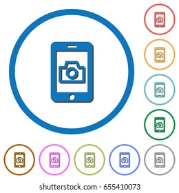 Mobile photography flat color vector icons with shadows in round outlines on white background