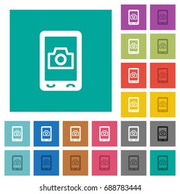 Mobile photography multi colored flat icons on plain square backgrounds. Included white and darker icon variations for hover or active effects.