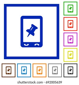 Mobile pin data flat color icons in square frames on white background
