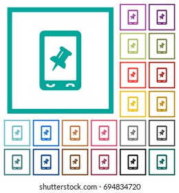 Mobile pin data flat color icons with quadrant frames on white background