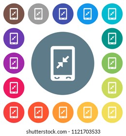 Mobile pinch close gesture flat white icons on round color backgrounds. 17 background color variations are included.