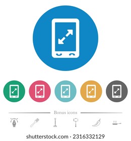 Mobile pinch open gesture flat white icons on round color backgrounds. 6 bonus icons included.