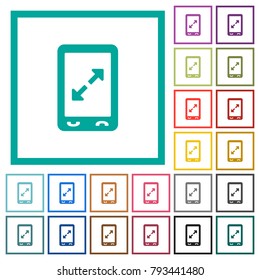 Mobile pinch open gesture flat color icons with quadrant frames on white background
