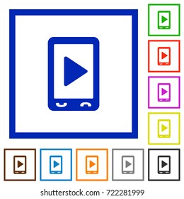 Mobile play media flat color icons in square frames on white background