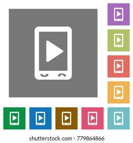 Mobile play media flat icons on simple color square backgrounds