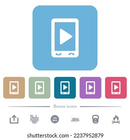 Mobile play media white flat icons on color rounded square backgrounds. 6 bonus icons included
