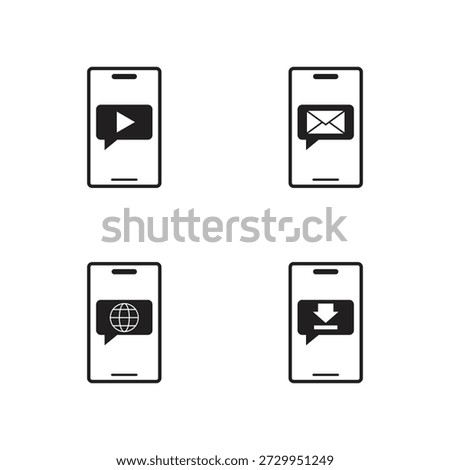 Mobile play video email and globe glyph icons