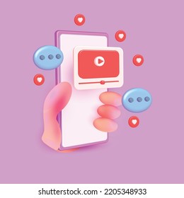 Mobile playing video with movie internet 3d vector cartoon with hand ,banner ,copy space minimal colorful concept icon application