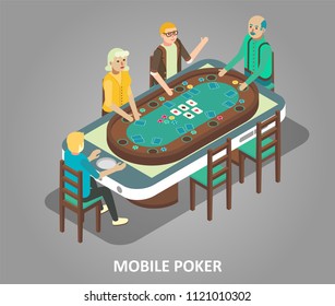 Mobile poker concept. Vector isometric illustration of gamblers playing poker game at smartphone gambling table in virtual poker room.