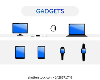 Mobile portable gadgets devices smartphone tablet monitor laptop watch black with colourful blue screen icon logo set collection mockup