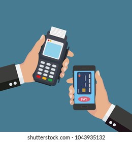 Concepto de pago móvil de compras. Mano sosteniendo un teléfono. Transferencia inalámbrica de dinero de Smartphone a postterminal. Diseño plano. Ilustración del vector
