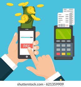 Mobile pos payment concept. Hand holding a phone. Smartphone wireless money transfer to pos terminal. Flat design. Vector illustration