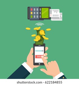 Mobile pos payment concept. Hand holding a phone. Smartphone wireless money transfer to pos terminal. Flat design. Vector illustration