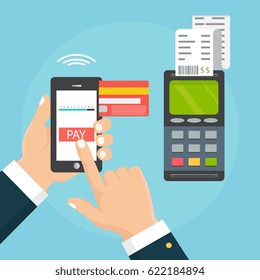 Mobile pos payment concept. Hand holding a phone. Smartphone wireless money transfer to pos terminal. Flat design. Vector illustration