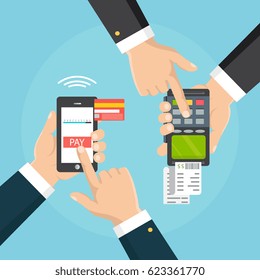 Mobile pos payment concept. Hand holding a phone. Smartphone wireless money transfer to pos terminal. Flat design. Vector illustration