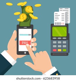 Mobile pos payment concept. Hand holding a phone. Smartphone wireless money transfer to pos terminal. Flat design. Vector illustration