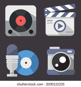 Mobile pplication icon set vector. Camcorder, media player, stereo,  audio, photo, video, movie, music flat icon. Multimedia player. Website.