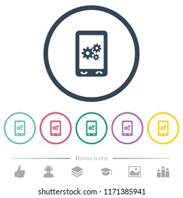 Mobile preferences flat color icons in round outlines. 6 bonus icons included.