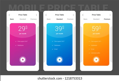Mobile pricing table design for business. Hosting table banner. Modern gradient style. Design element for mobile app, UI UX. Vector illustration. eps 10