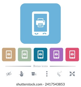 Mobile printing white flat icons on color rounded square backgrounds. 6 bonus icons included