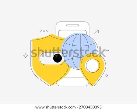 Mobile privacy shield safeguards global location data with secure tracking and encrypted mobile connections. Building user trust and privacy compliance for 2026 trends apps. Flat vector illustration