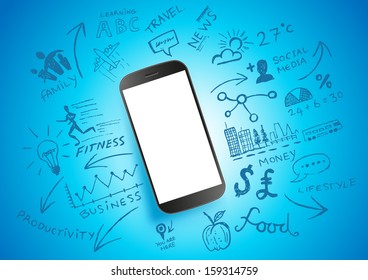 Mobile Productivity. Modern mobile device with communication doodles.