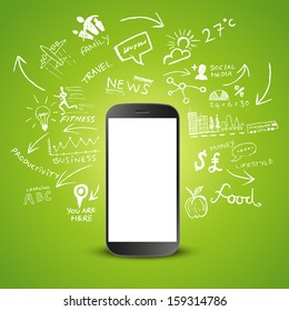Mobile Productivity. Modern mobile device with communication doodles.