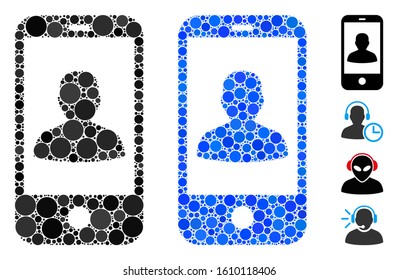 Mobile profile composition of spheric dots in various sizes and color hues, based on mobile profile icon. Vector round dots are composed into blue composition.