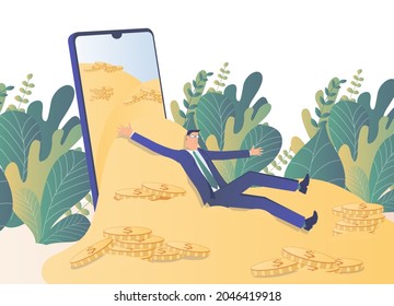 Mobile profit. A businessman descends a mountain of gold coins from his smartphone.