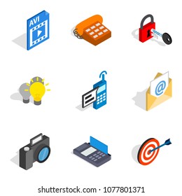 Mobile progress icons set. Isometric set of 9 mobile progress vector icons for web isolated on white background
